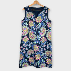 TALBOTS Shift Dress Sz 12 Blue Paisley 100% Cotton Lined Zip Up Back